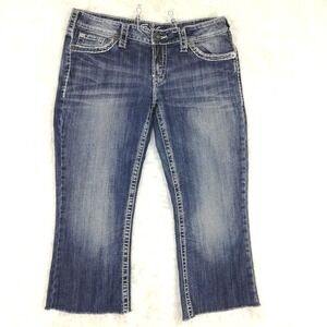 Silver Jeans Womens Aiko Capri Boot Cut Blue Denim‎ Whiskering Stone Wash Low 31